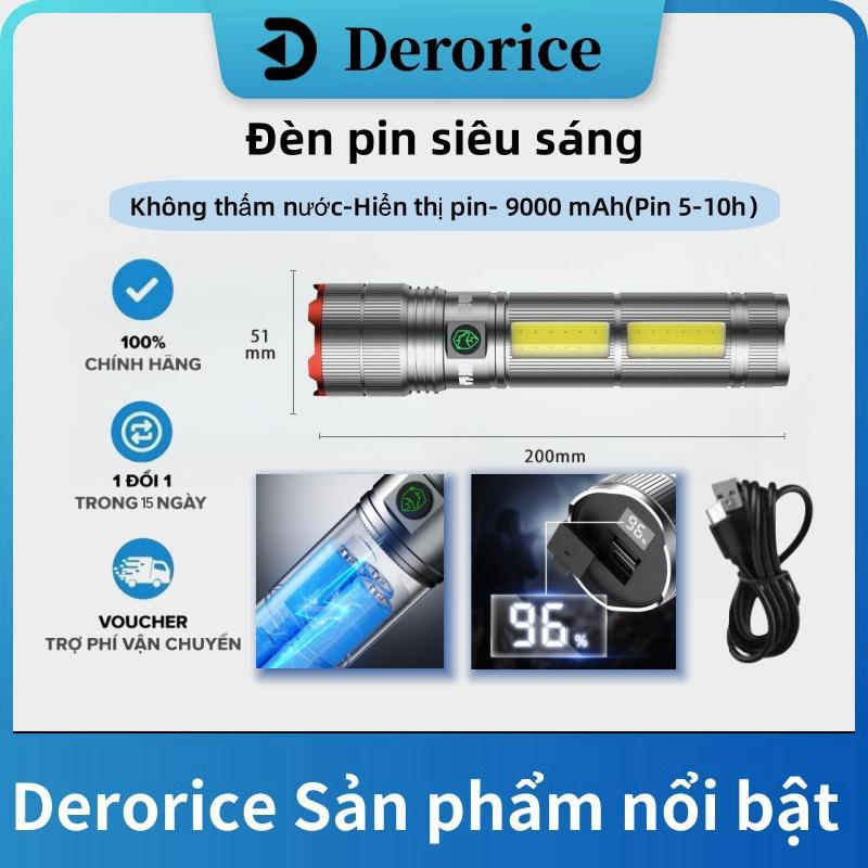 Đèn pin siêu sáng Derorice - pin Lithium 7200mAh công suất lớn - bảy chế độ sáng - chống nước - có thể thu phóng bằng kính thiên văn - hiển thị điện lượng số thông minh-có đèn COB bên hông