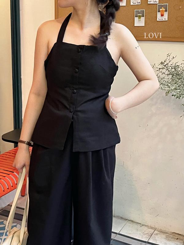 LUNA TOP - Áo kiểu cổ yếm linen thun sau phong cách trẻ trung năng động cho nữ LOVI