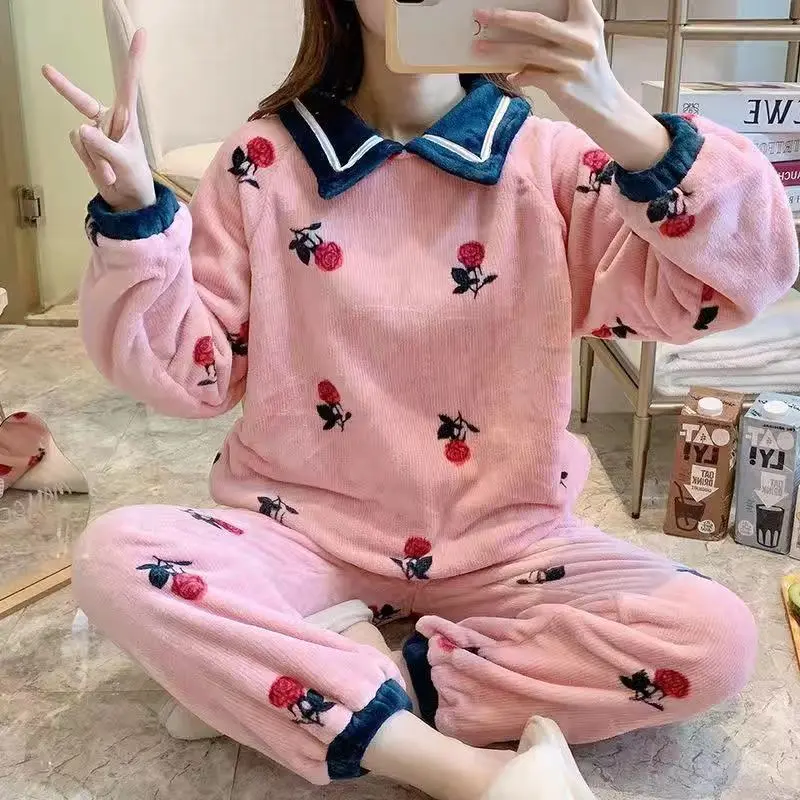 Bộ Đồ Ngủ Nữ, Mùa Thu Và Mùa Đông, Làm Bằng Lông Cừu San Hô, Dày Dặn, Thiết Kế Hoạt Hình Dễ Thương, Thích Hợp Cho Học Sinh, Chất Liệu vải nỉ Phong Cách Công Chúa, Bộ Đồ Mặc Nhà Mùa Đông Áo 0