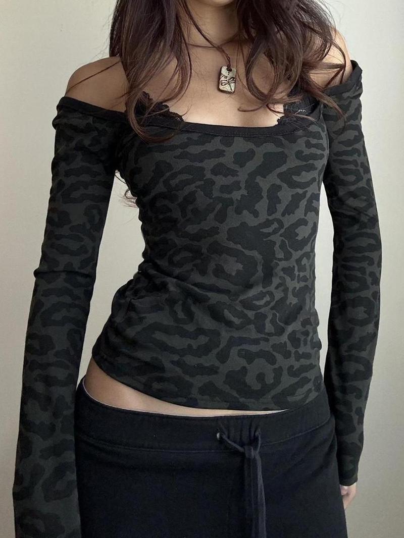 Product Introduction of Women's Leopard Patchwork Print Contrast Lace Backless Tee, Y2k Trendy Casual Long Sleeve T-shirt for Daily Wear, Ladies Fall & Winter Wear 15