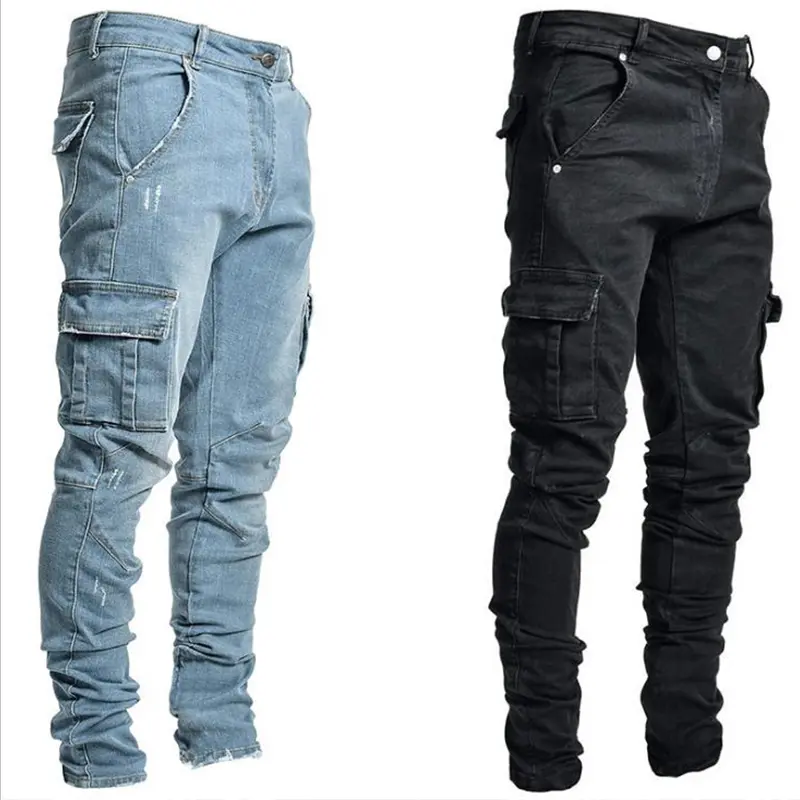 Seluar Jeans Lelaki, Warna Pepejal, Berbilang Poket, Denim, Pinggang Tengah, Gaya Kargo, Saiz Besar, Fesyen, Seluar Kasual, Sesuai untuk Pakaian Harian, Lelaki