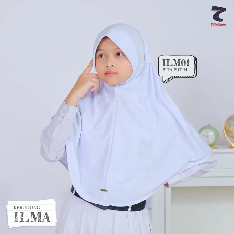 ILMA - Kerudung Sekolah Instan Siap Pakai Model Pita dengan Kerut di Dagu Warna Putih dan Coklat Pramuka Untuk SD SMP Muslim Jilbab 0