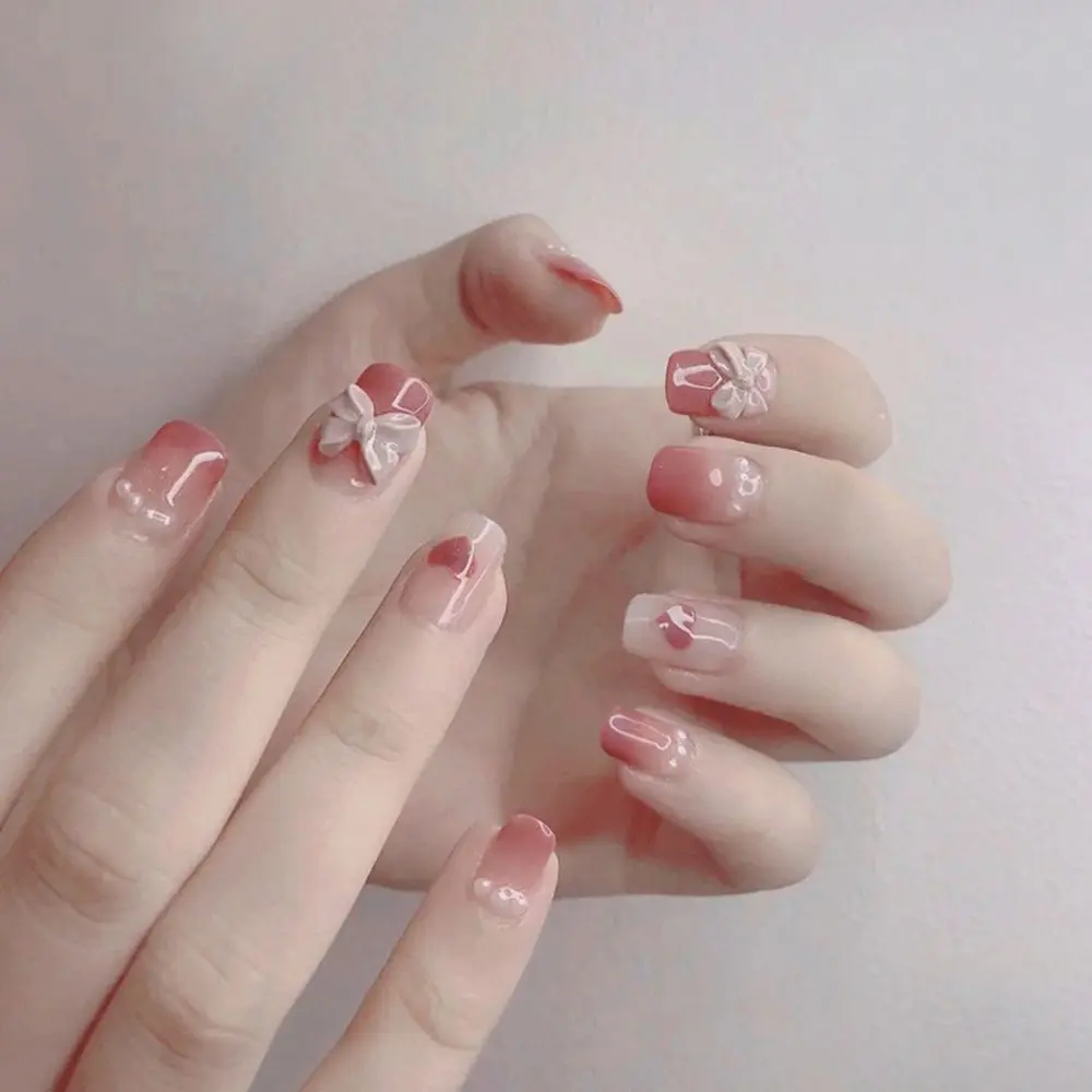 Móng Tay Giả Ngắn Tự Làm, 24 Cái / hộp, Nơ Che Phủ Toàn Bộ, Bấm Nơ, Móng Tay Giả, Nghệ Thuật Làm Móng Nhân Tạo