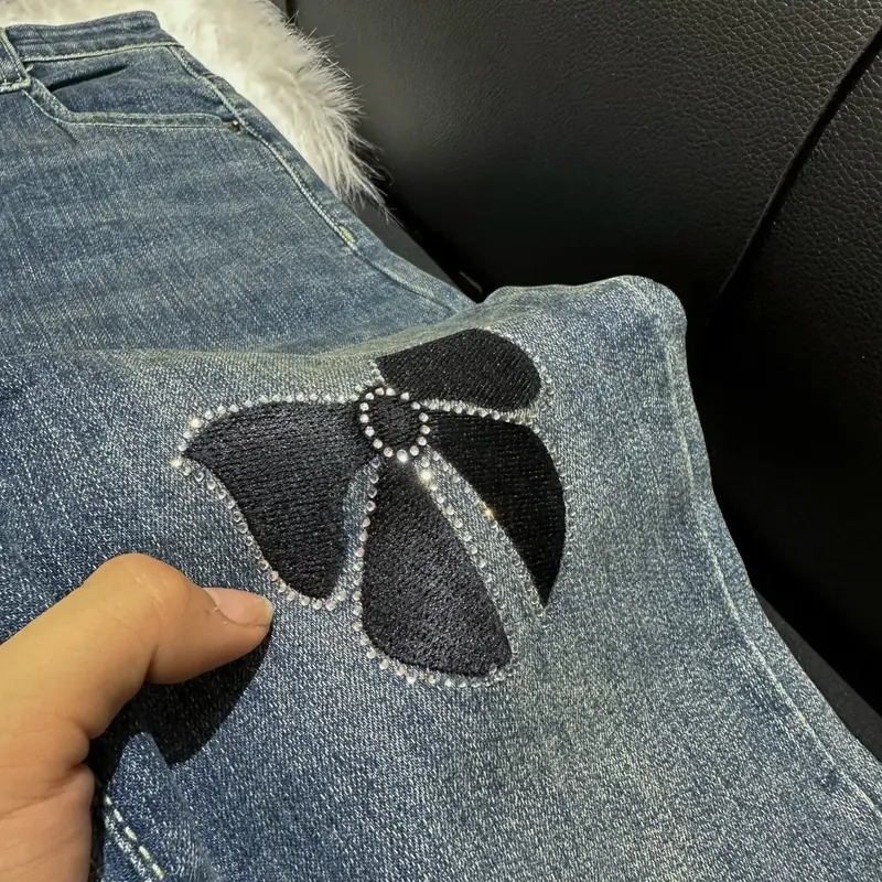 [N550 - Loe] Quần Jean Ống Loe thêu nơ đính đá chất vải QC mềm co giãn màu xanh rêu bụi dài 95cm 7