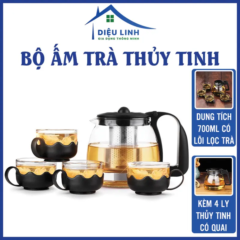 Ấm pha trà thủy tinh, Bộ Ấm Chén Trà Có Khay Lọc 5 Món, Bình Lọc Trà Thủy Tinh Giữ Nhiệt Cao Cấp Dieulinhshop 0