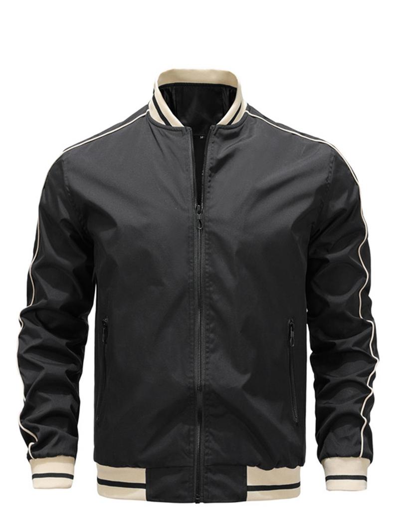 Product Introduction of Men's Striped Trim Zip Up Bomber Jacket, Casual Comfy Long Sleeve Baseball Collar Outerwear for Spring & Fall, Fashion Men's Clothes for Daily Wear 3