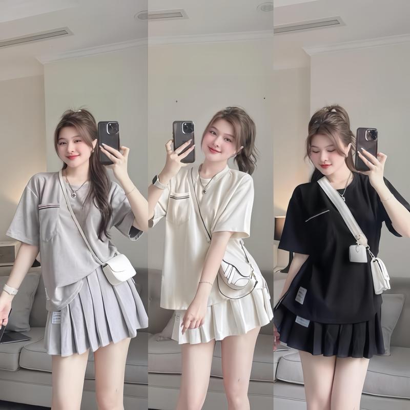  Set đồ nữ áo thun trơn tay ngắn mix chân váy xòe xếp ly sang chảnh dành cho các nàng đi chơi. Top Women 