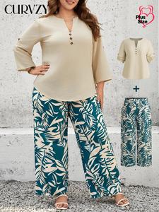 CURVZY Plus Size Two-Piece Set Solid Button Decor Notched Neck Top & Leaf Print Wide Leg Pants, Casual Long Sleeve Top & Trousers for Daily Wear, Women's Two-piece Outfits for Spring & Fall