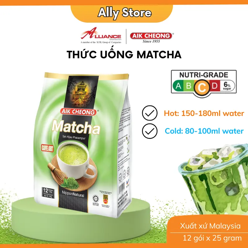 Thức Uống Vị Trà Xanh Aik Cheong Matcha Café Art (12 Gói x 25g) - nhập khẩu Malaysia