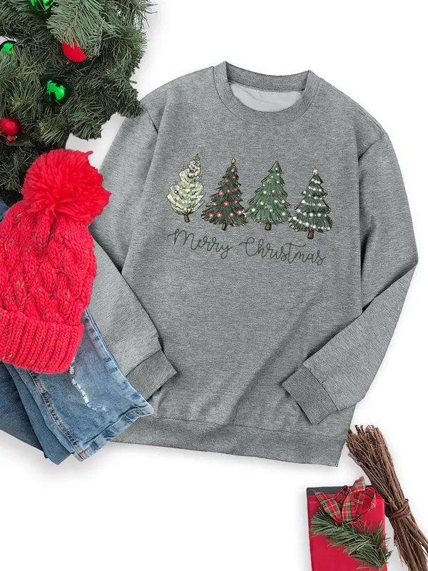 Women's Christmas Tree & Letter Print Round Neck Sweatshirt, Casual Long Sleeve Crew Neck Pullover for Fall & Winter, Women's Clothes for Daily Wear 3
