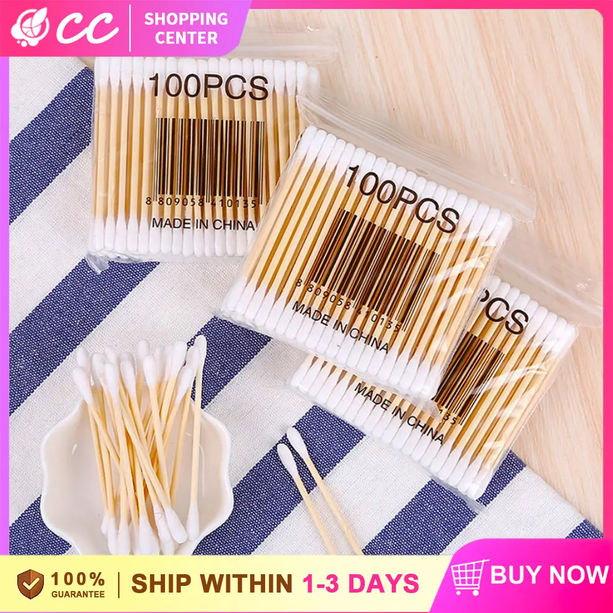 【 100pcs 】 Double Sided Multifunctional Wooden Handle Cotton Swab Makeup Cotton Accessory Swab Cleaner