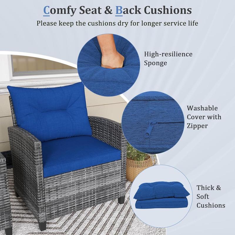 3 Pieces Outdoor Rattan Bistro Set, Patio Wicker Conversation Furniture Set with Cushions & Tempered Glass Tabletop, Metal Frame Garden Conservatory Sofa Table for Porch Balcony (Navy) 1