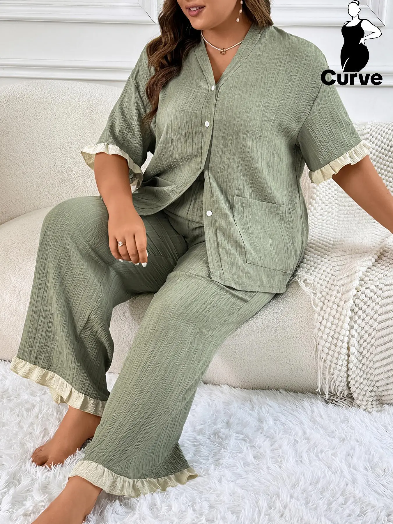 2 Counts Plus Size Solid Color Ruffle Trim Pyjama Set, Elegant Drop Shoulder Pocket V Neck Shirt & Elastic Waist Pj Pants, Pyjamas for Women, Women's Plus Sleepwear