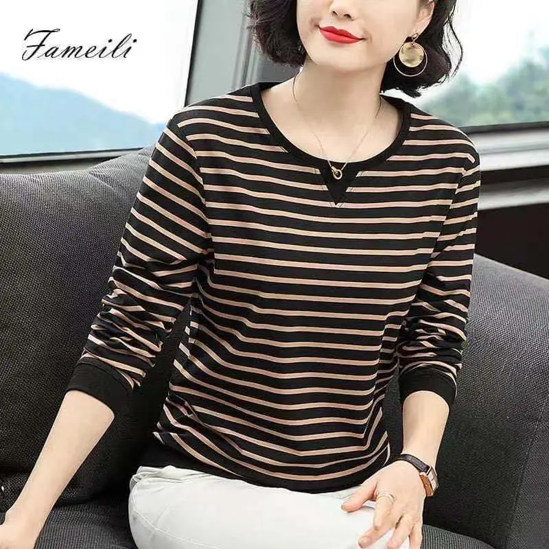 Áo Thun Cotton Dài Tay Cho Nữ, Áo Mùa Thu Mới Cho Mẹ Trẻ Trung Niên, Cỡ Lớn, Kẻ Sọc, Dáng Rộng, Thời Trang Top Cổ Tròn Women Sơ Mi