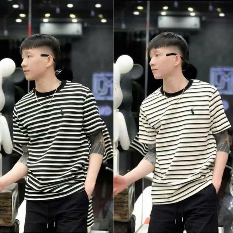 Áo thun nam cổ tròn bo cổ phối kẻ sọc ngang thêu hình ngựa thun co giãn thoáng mát trẻ trung phong cách sang trọng chuẩn form Menswear