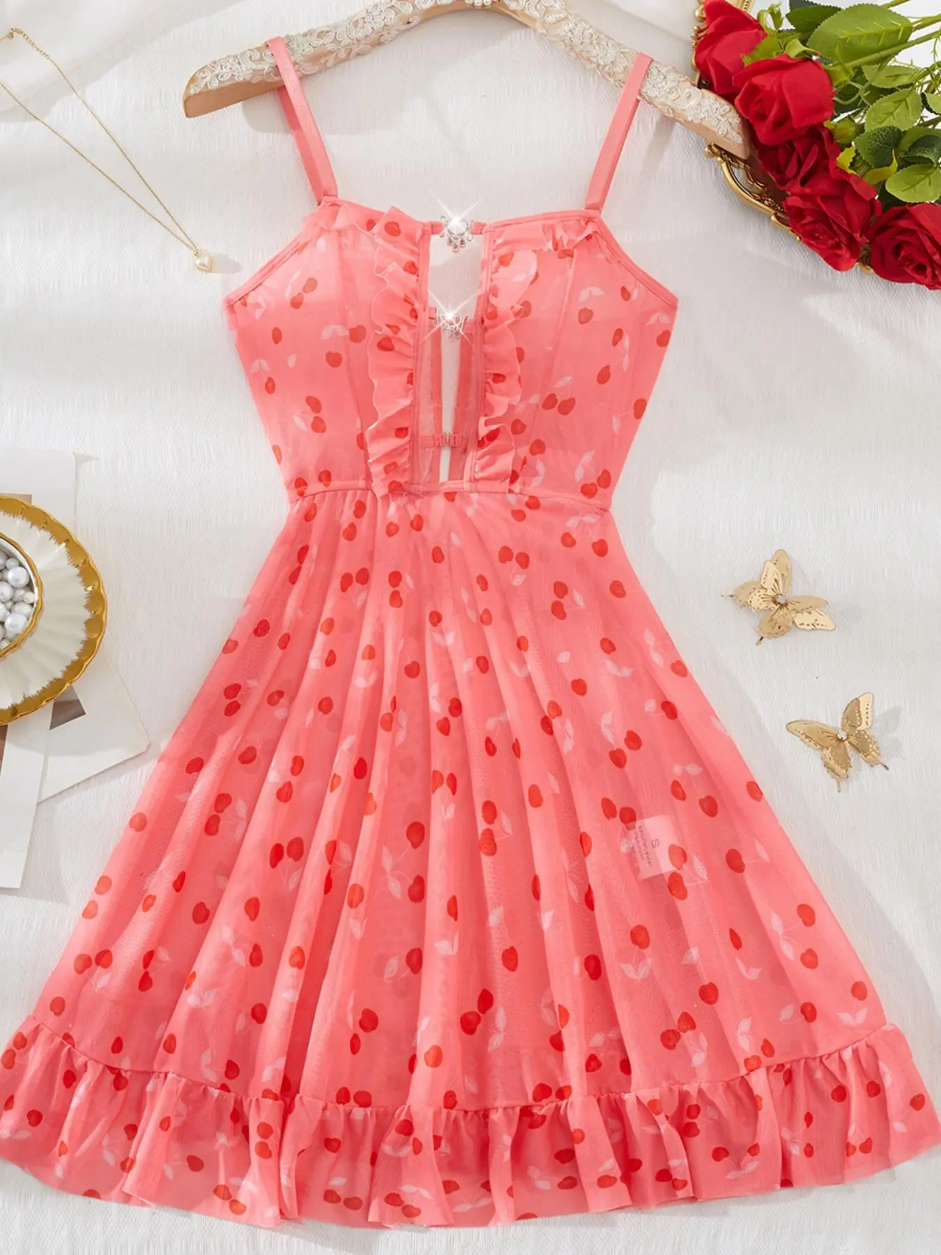 Women's Cherry Print Cami Nightdress, Adjustable Spaghetti Strap Nightgown, Soft Comfortable Nighty Dress for Women, Womenswear