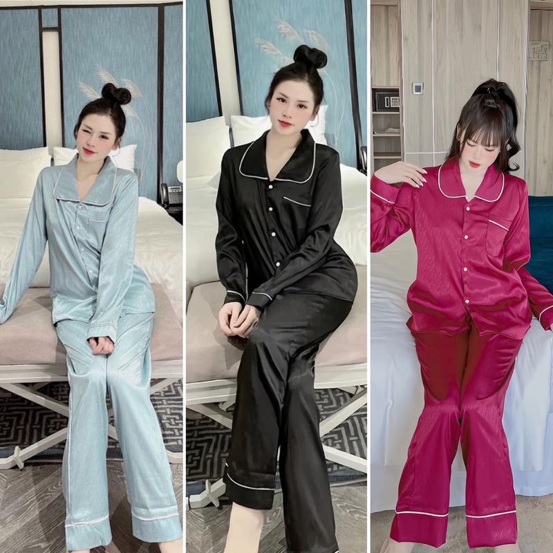 Bộ đồ nữ pijama chất lụa xước trơn cổ sen tay dài quần dài Nhung