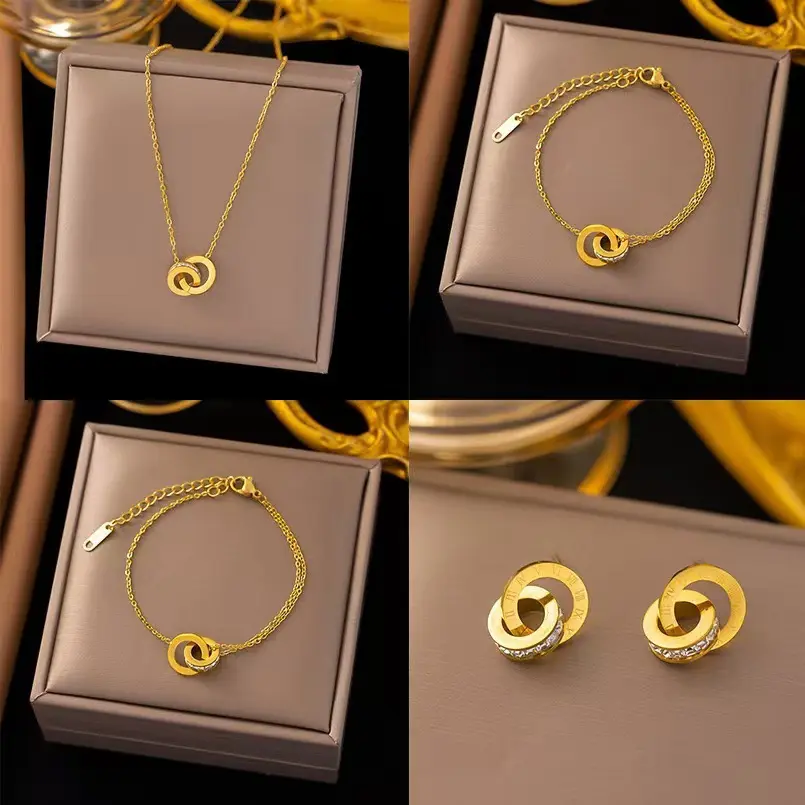 Korean Style Simple Student Art Mori Style Roman Numerals Full Diamond Necklace Bracelet Earrings Women's Titanium Steel Three-Piece Set Ornament