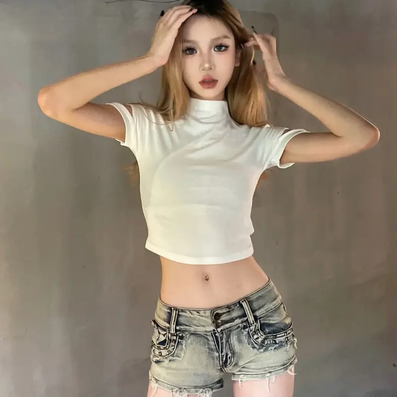A7 - Quần đùi jean nữ ngà vàng quần bò xanh phai vàng quần short nữ màu loang đinh tán cạp trễ co giãn rách tua rua 3