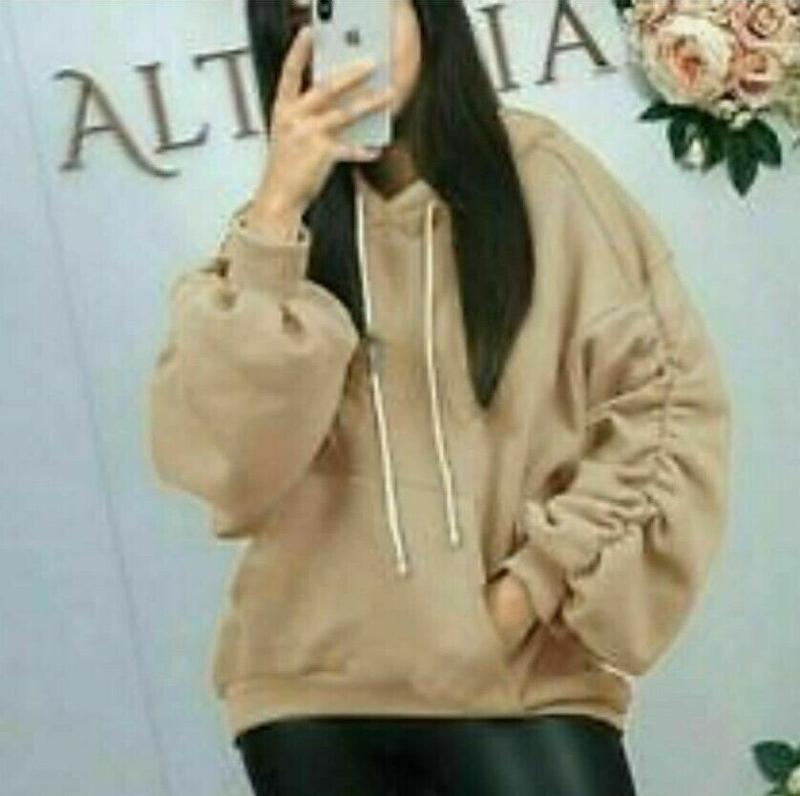 Womens Ruched Sleeve Fleece Oversized Hoodie Top Ladies Sweatshirt Hooded Jumper 4