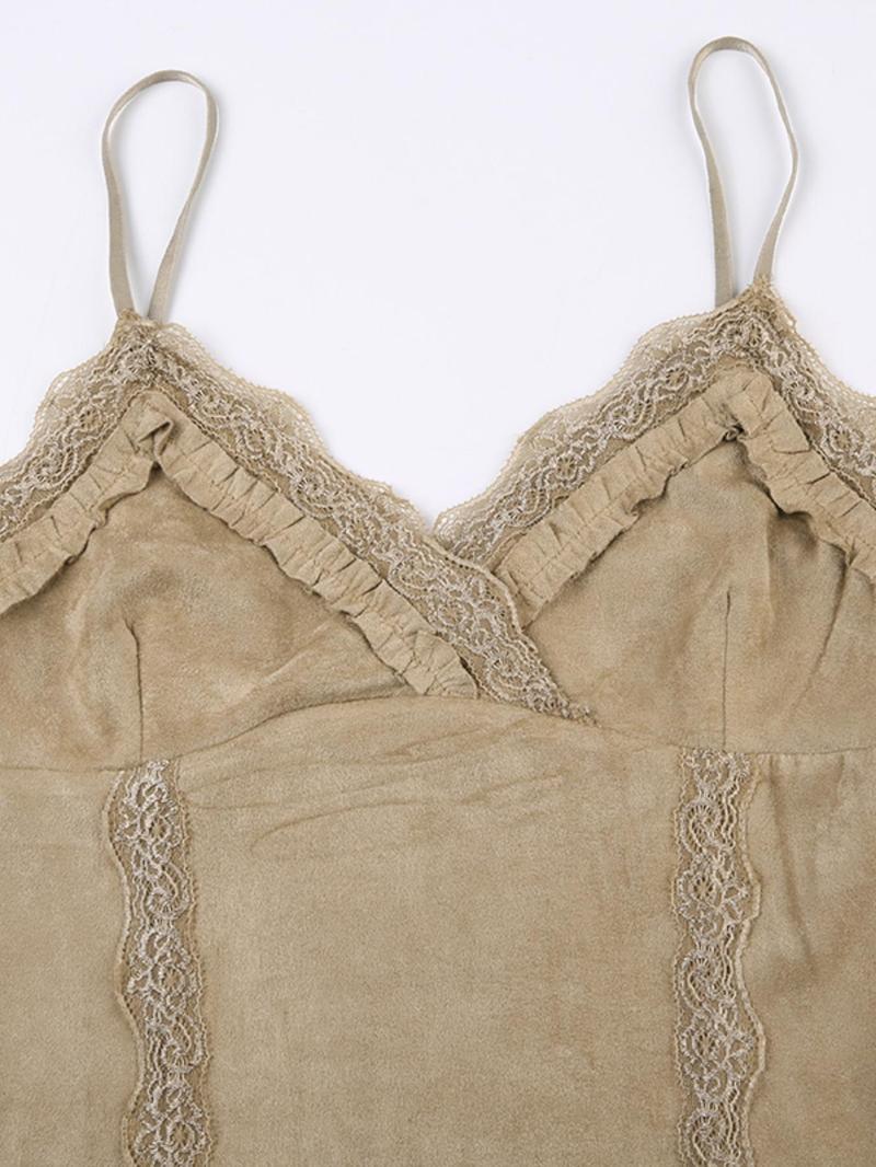 Product Introduction of Women's Contrast Lace Cami Crop Top without Necklace, Summer Clothes, Solid Frill Trim Spaghetti Strap Top for Summer, Women's Clothing for Daily Wear 20