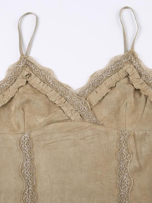 Women's Contrast Lace Cami Crop Top without Necklace, Summer Clothes, Solid Frill Trim Spaghetti Strap Top for Summer, Women's Clothing for Daily Wear 7