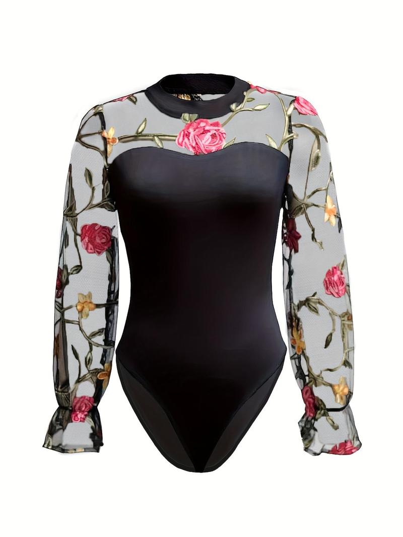 Product Introduction of Women's Floral Embroidery Sheer Contrast Mesh Flounce Sleeve Bodysuit, Elegant Mock Neck Long Sleeve Bodycon One Piece Bodysuit For Vacation Holiday, Ladies Spring & Fall Clothes 9
