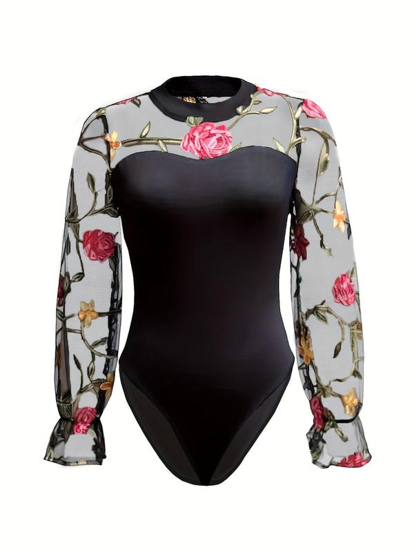 Women's Floral Embroidery Sheer Contrast Mesh Flounce Sleeve Bodysuit, Elegant Mock Neck Long Sleeve Bodycon One Piece Bodysuit For Vacation Holiday, Ladies Spring & Fall Clothes 8