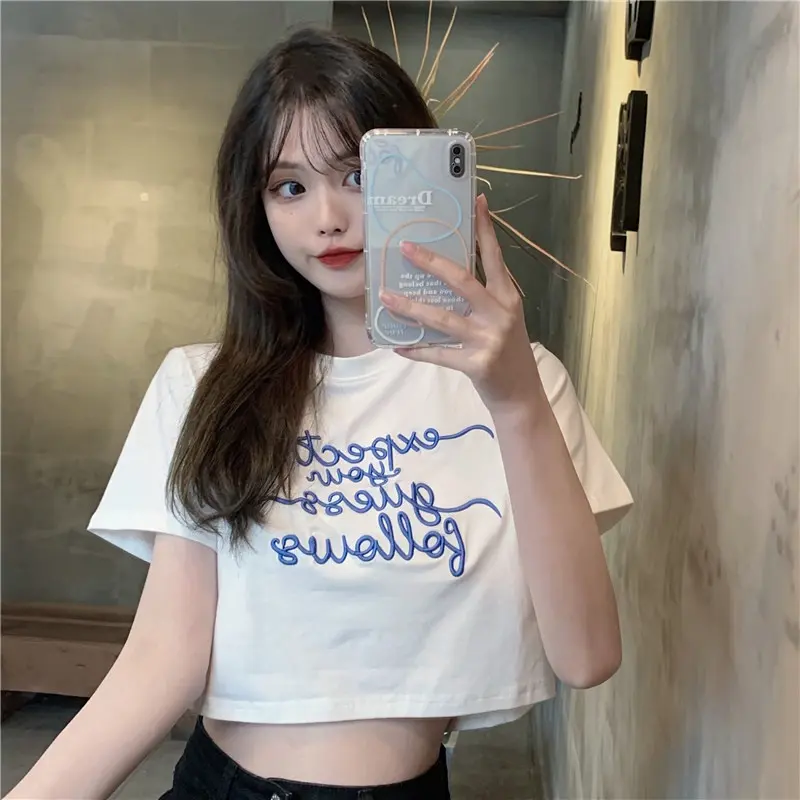 Women's Letter Embroidered Short-Sleeved T-shirt Summer 2024 Korean Style Ins Trendy  Fit Short High Waist Crop Top