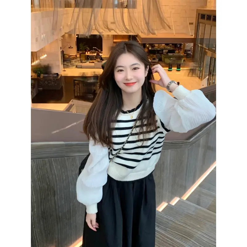 FLIDA - D28 atasan rajut wanita lengan balon panjang Korean Style - Remaja, Baju - Putih - Knitwear Tanga 3