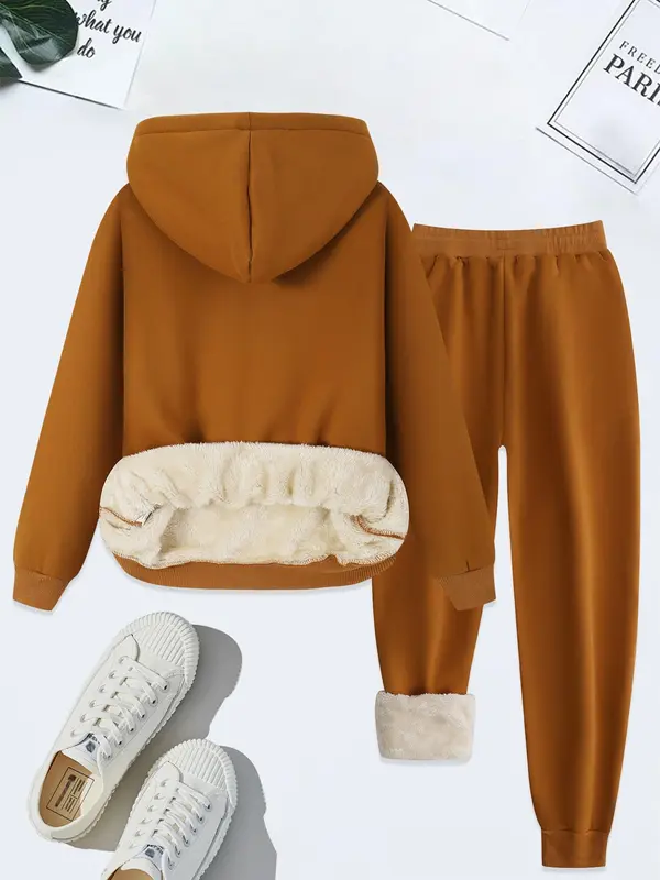 Women's Letter Print Thermal Lined Sweatshirt & Drawstring Waist Sweatpants Two-piece Set, Casual Long Sleeve Hoodie & Pocket Jogger Pants, Women's Fall & Winter Clothes 7