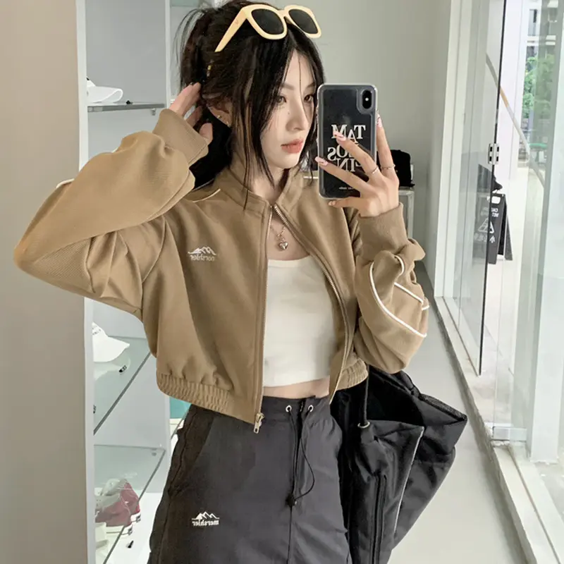 American Zipper Cardigan Jacket Women croptop Retro Short Jacket Top Coat