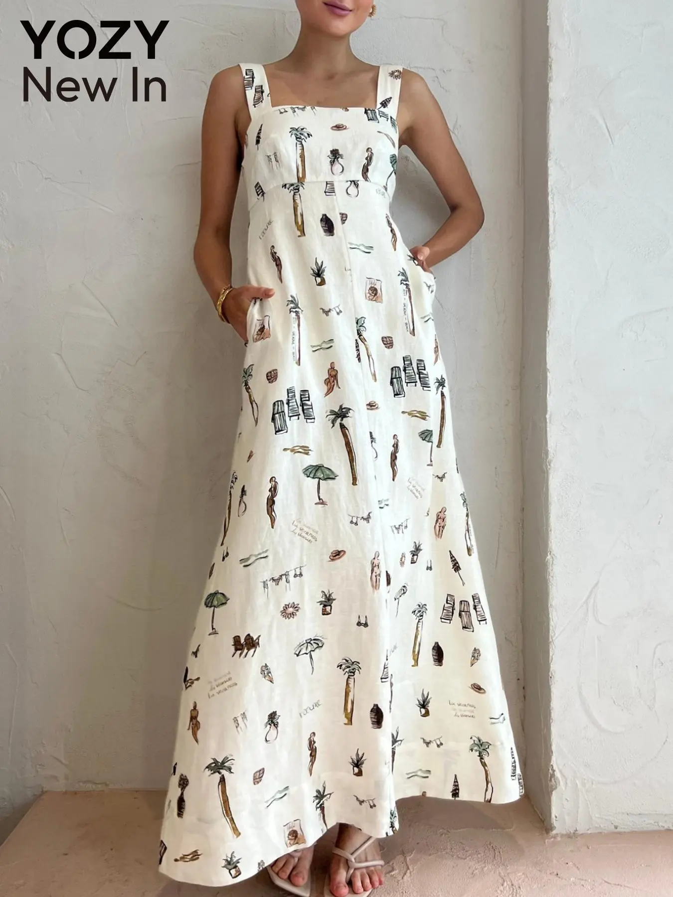 YOZY Women's All Over Print Knot Back Cami Dress, Casual Pocket Backless Long Dress for Summer, Women's Clothing for Holiday Vacation