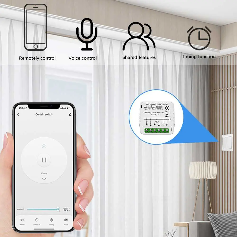 Aubess Mini Smart Curtain Switch ZigBee Tuya 1 CH Control Module 5A - QS-Zigbee-S10-C04