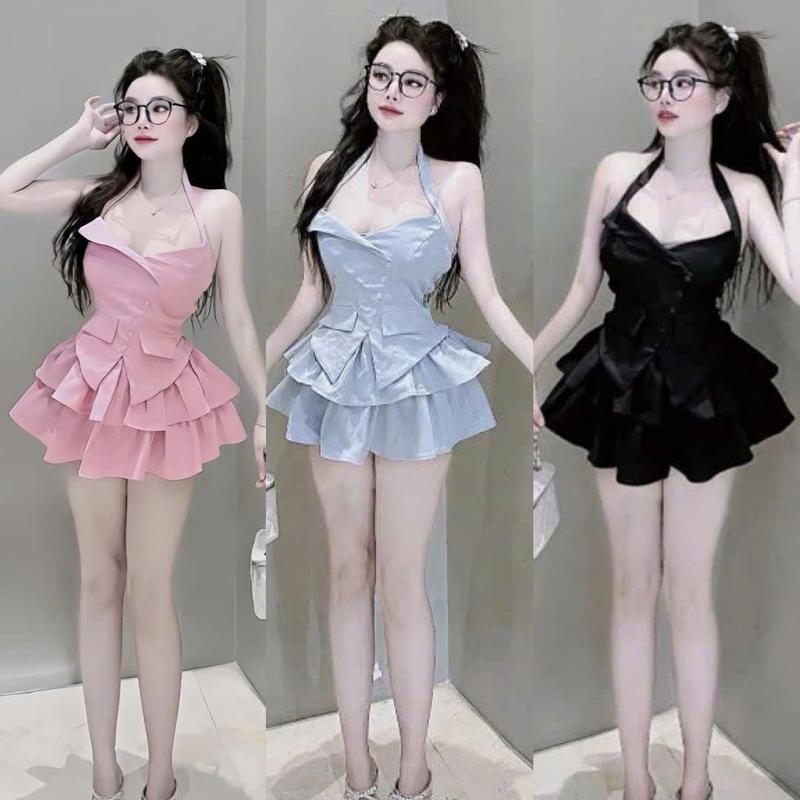 Set váy hai tầng phối với áo cổ lật thiết kế dây choàng cổ túi hộp giả Xinh cho nữ Top Voi Women đầm xếp ly màu đỏ hồng đính tua rua