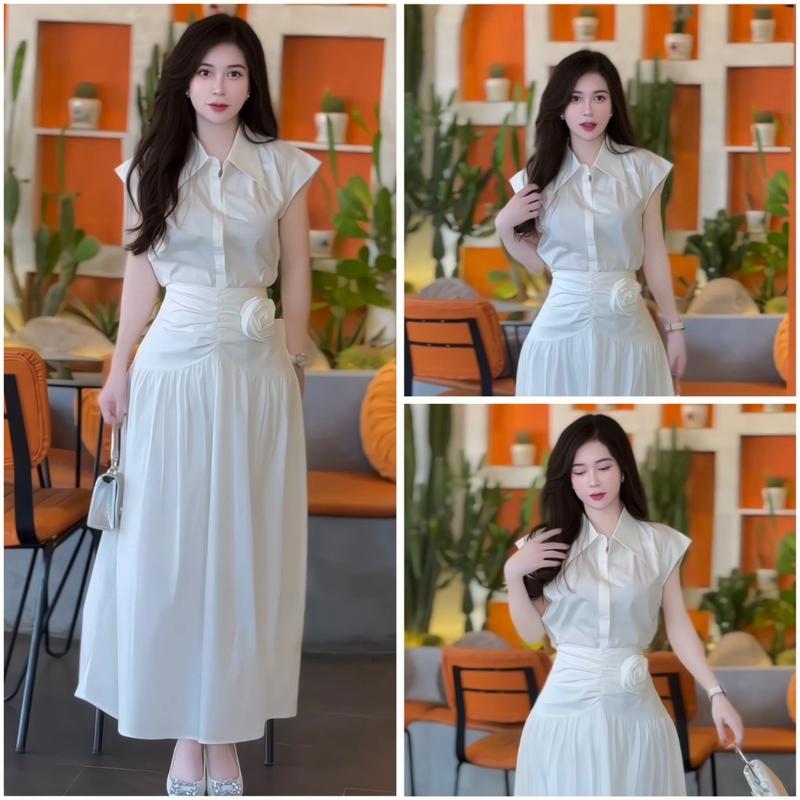 BỐNG - Set thiết kế áo somi mix chân váy dáng dài chất thô hàn kèm tag hoa Nữ Women Kem 1