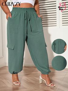 CURVZY Plus Size Autumn Aesthetic Solid Pocket Tie Front Paper Bag Waist Cargo Pants, Fashion Casual Trousers for Daily Outdoor Wear, Women Plus Clothing for All Seasons