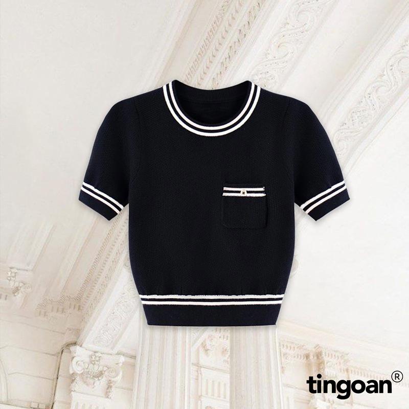 TINGOAN - Áo len xù cổ tròn túi zúm nm dáng lửng fg có 2 viền áo đen MIMI TOP/BL