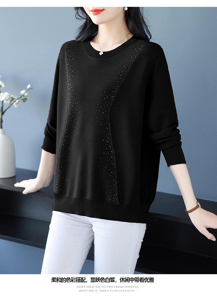 Product Introduction of Knatwear women's round neck rhinestone sweater new fashion mom loose Western style knits long sleeve thin top crop 25