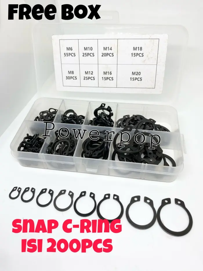 C RING SNAP / C CLIP CIRCLIP CARBON STEEL ISI 200PCS M6-M20 SET KIT