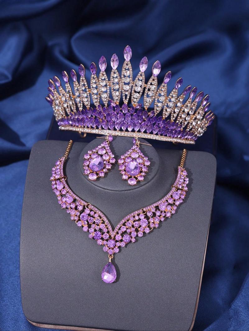 Product Introduction of 4pcs/set Rhinestone Decorated Crown & Necklace & Earrings, Elegant Wedding Bridal Jewelry Set, Bridal Party Favor for Women Girl Gift 0