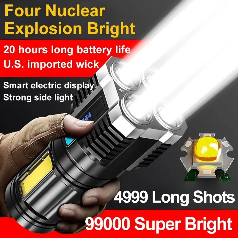 Senter LED Super Terang Jarak jauh / Senter LED + COB 4 Mata USB Rechargeable Tahan Air