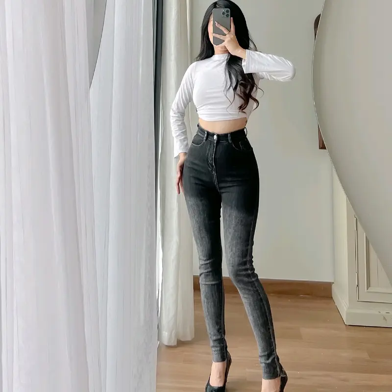 Q345 (40kg-53kg) Quần Jeans Nữ Dáng Ôm Có Giãn From Eo Nhỏ Lưng Cao Qua Rốn ( Jeans Ôm Xịt Loang 2 Màu Trơn - Rách ) Lai Cắt , Chiều Dài Quần (97cm-99cm) Women Pants 2