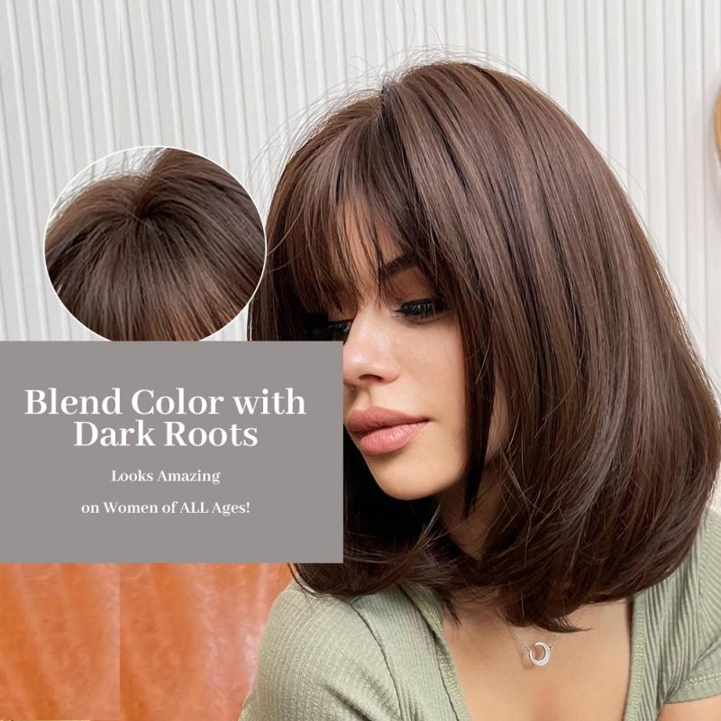 Product Introduction of Dark brown Short Bob hair wigs with bangs Synthetic wig 0