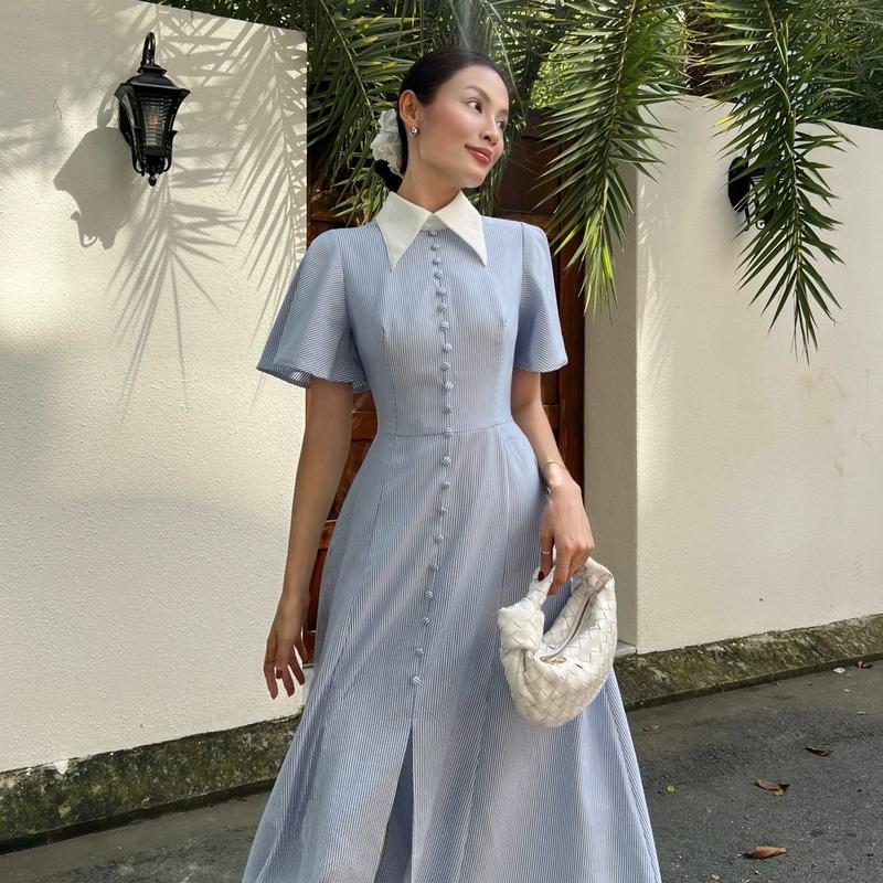  COCOMAY Đầm cổ sơ mi trắng kẻ sọc xanh dài nút bọc   Đầm nữ ứng dụng đi học đi làm đi chơi Women Sen Dress 