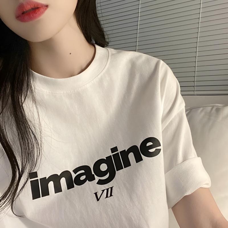 áo phông, áo thun 3158 chữ in pet imagine VII cổ tròn unisex Top Nữ Women Cotton Trắng
