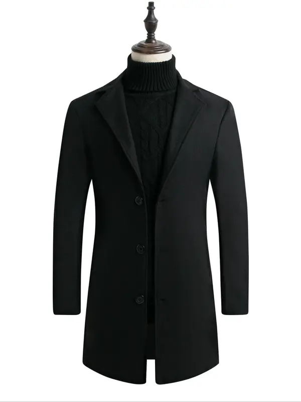 Men's Regular Fit Solid Lapel Collar Single Breasted Woolen Coat Without Sweater, Casual Long Sleeve Button Front Outerwear For Fall & Winter, Men's Clothes For Daily Wear 0