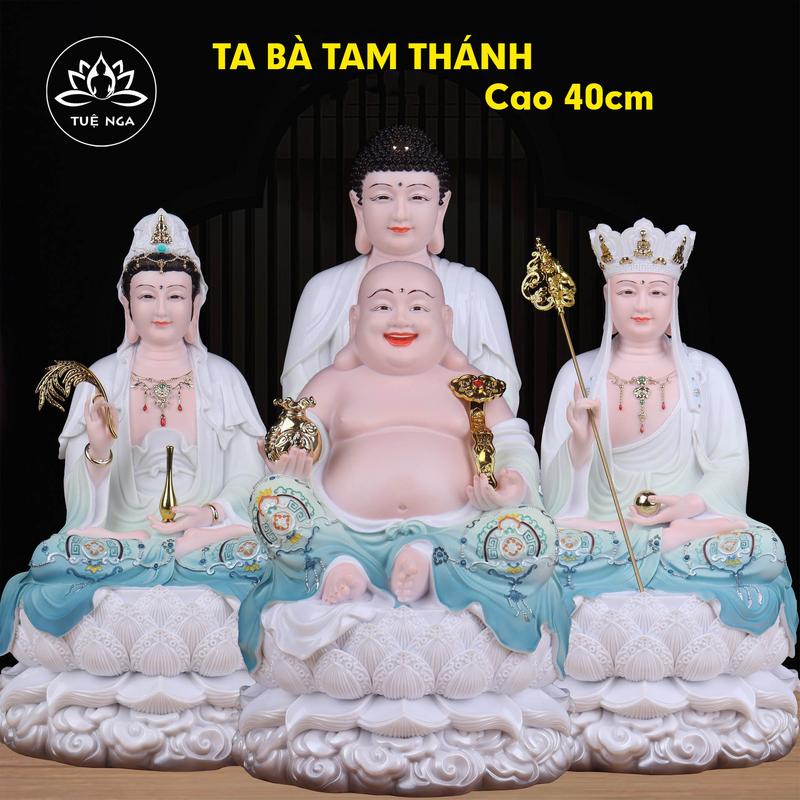 Bộ Tượng Tam Thánh Thích Ca Địa Tạng Quan Âm sơn Xanh Trắng Vàng cao 40cm - Tuệ Nga