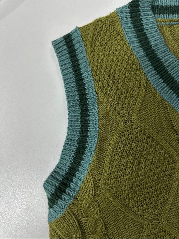 Women's Contrast Binding Split Hem Cable Knit Sweater Vest, Casual V Neck Sleeveless Jumper Vest for Fall & Winter, Fashion Ladies' Knitwear for Daily Wear 6