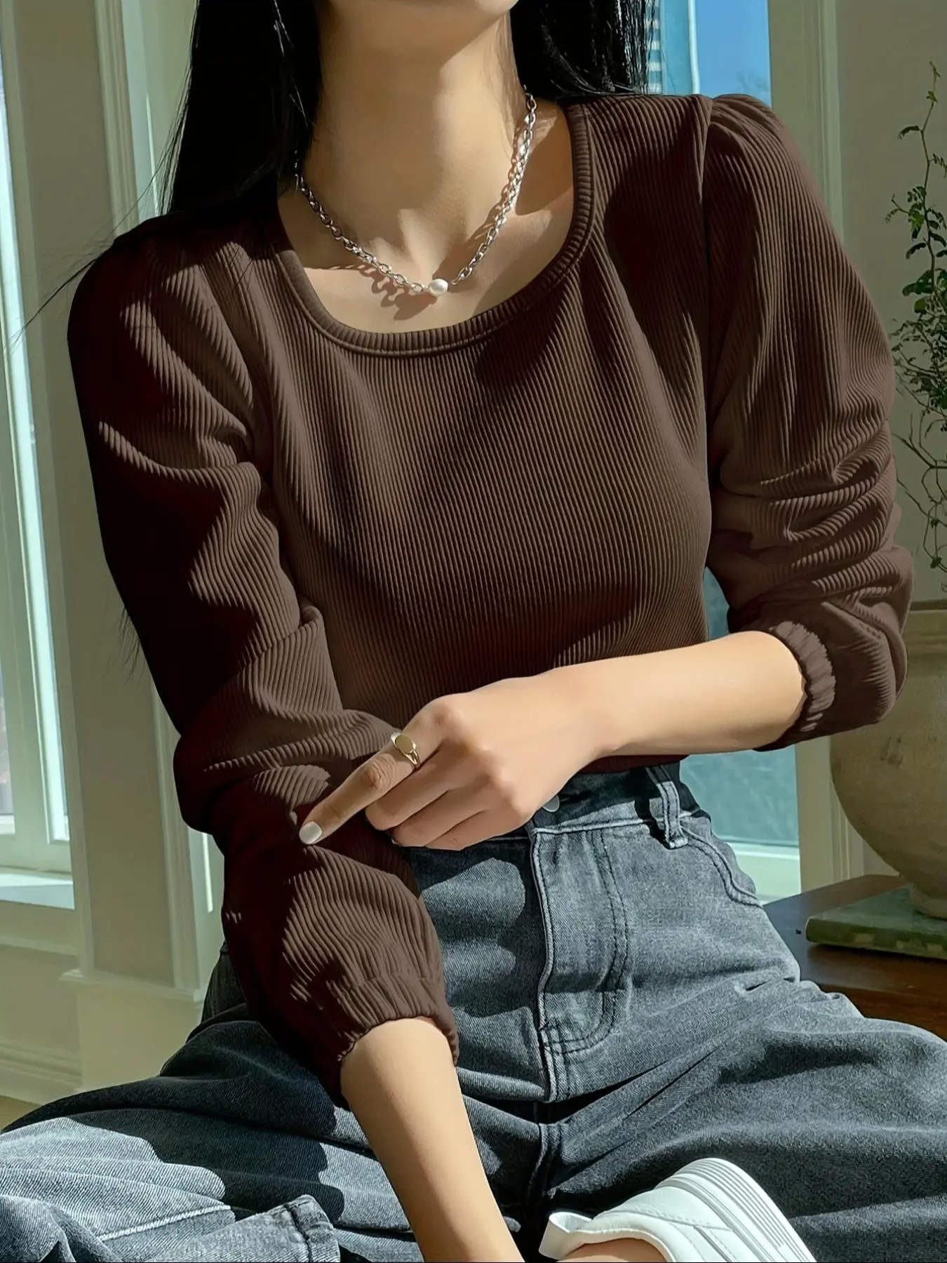 Women's Plain Bishop Sleeve Knit Top, Elegant Long Sleeve Square Neck Knitwear for Spring & Fall, Fashion Women's Knit Clothing for Daily Wear